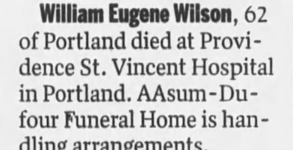 Obituary for William Eugene Wilson (Aged 62)